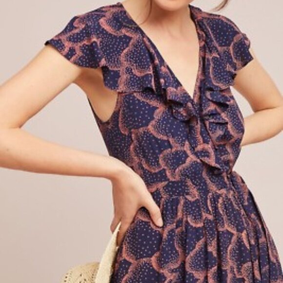 MAEVE Anthropologie Rosalia Mini Dress Women's 8 Navy Faux Wrap Ruffle Romantic - Picture 1 of 10